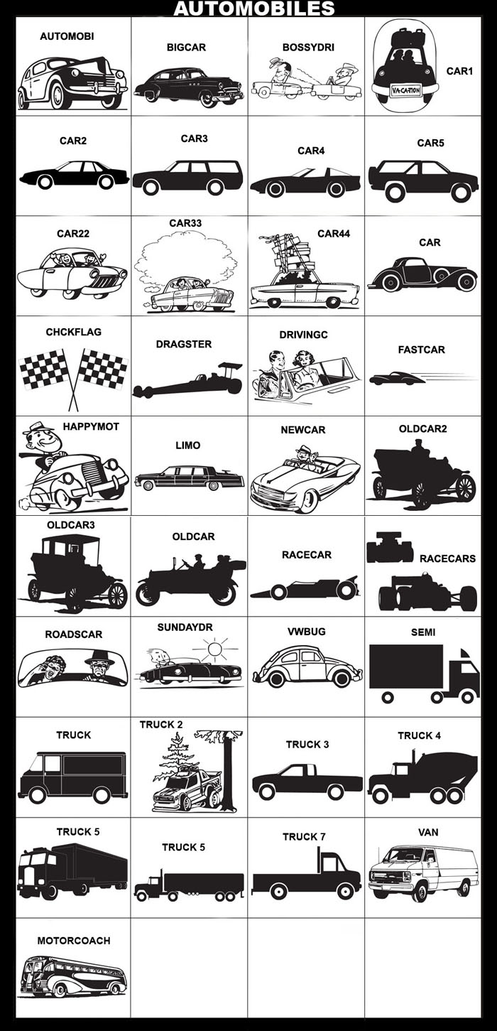 Corvette, Car, Passenger Car, Old Fashion Car, Checkered Flag, Racecar, Race Cars, Dragster, Drag Race, Fast Car, Limo, VW Bug, Volkswagen Beetle, Pick Up Truck, Semi Truck, Cement Truck, Motor Coach, Van width=