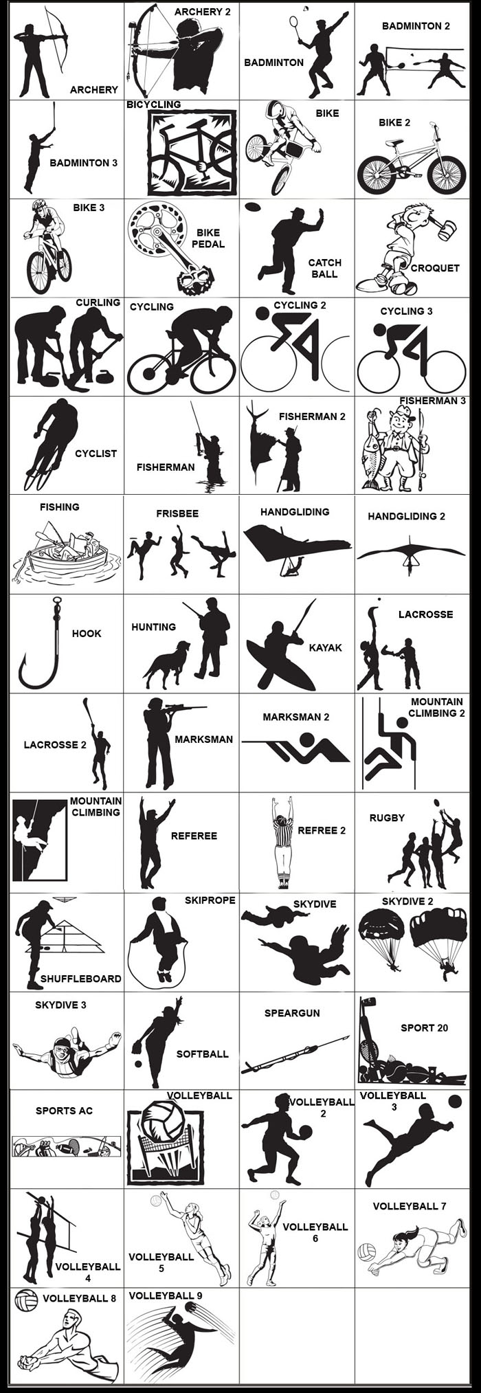 Archery, Badminton, Bicycling, Bike, Bike Riding, BMX, Cycling, Fishing, Fish Hook, Fisherman, Frisbee, Hand Gliding, Hunting, Lacrosse, Marksman, Mountain Climbing, Rugby, Referee, Shuffleboard, Sky Diving, Softball, Volleyball