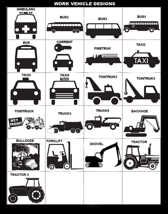 Ambulance, Bus, Fire Truck, Tow Truck, Taxi, Rental Car