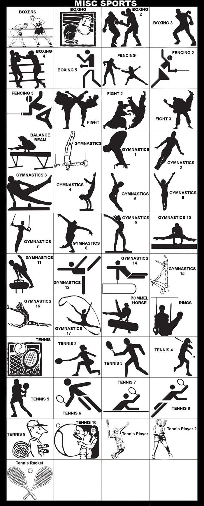 Balance Beam, Pommel horse, rings, Boxer, boxing, Fencing, Karate, martial arts, Tennis Player, Tennis Players, Tennis Racquet, Tennis Ball, Gymnastics, fighting, tennis, Tennis Court