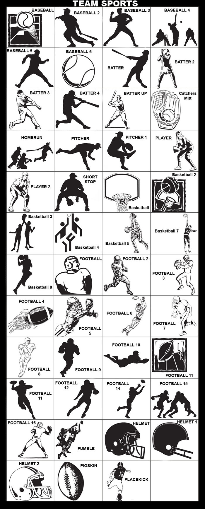 Baseball, Baseball Player, Batter, Catcher, Catcher Mitt,  Home Run, Pitcher, Short Stop, Basketball, Basketball Hoop, Basketball Player, Jump Shot, Football, Football Player, Football Helmet, Fumble