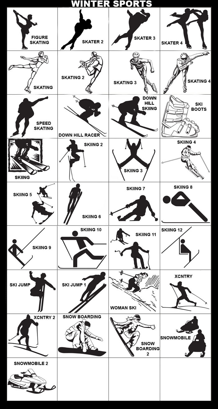 Down Hill Skiing, Ski Jump, Ski Boots, Snowboarding, Snowmobile, Cross Country Skiing, Figure Skating, Ice Skating, Speed Skating, Skaters