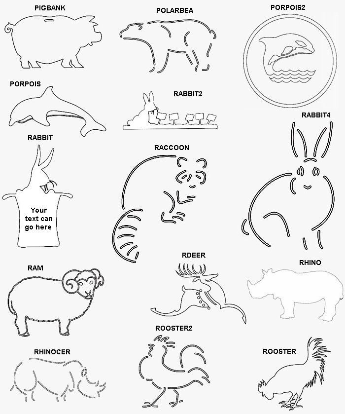 Eleventh group of engraved animalanimal designs. Rabbits, lions, tigers, bears, cats, alligators and more.