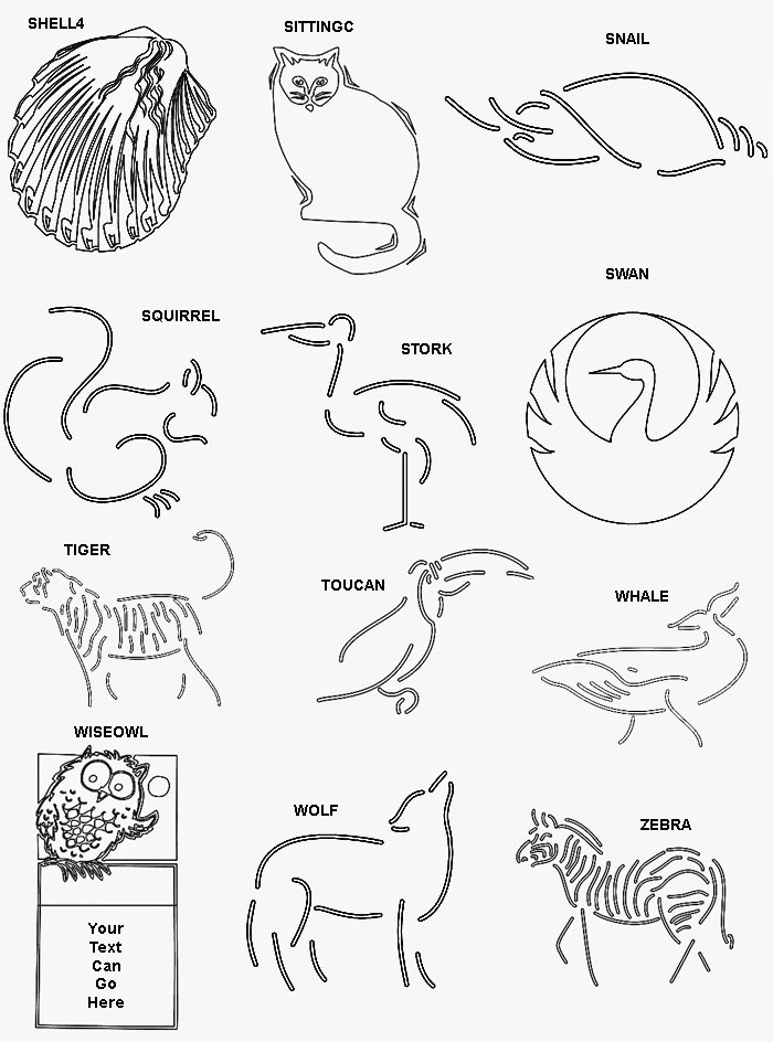 Thirteenth group of engraved animal designs. Rabbits, lions, tigers, bears, cats, alligators and more.