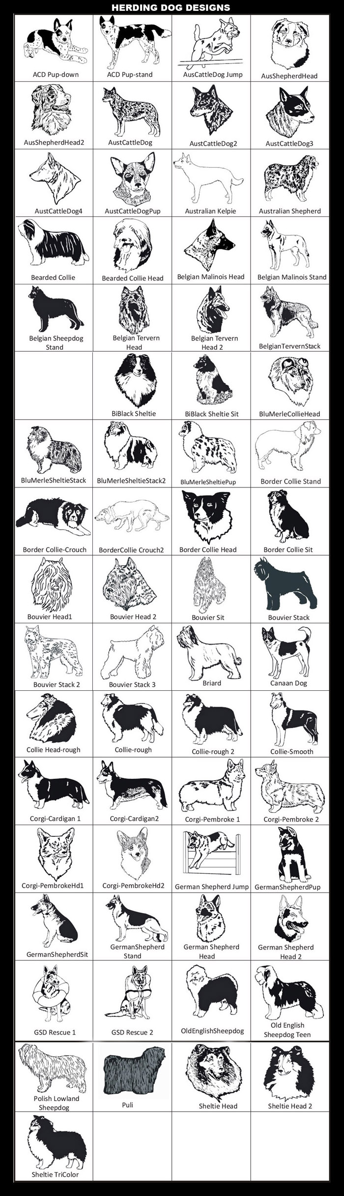 Herding Breeds: Australian Cattle Dog, Australian Shepherd, Australian Kelpie, Bearded Collie, Belgian Malinois, Belgian Sheepdog, Belgian Tervern, Sheltie, Blue Merle Collie, Blue Merle Sheltie, Border Collie, Bouvier, Briard, Canaan, Collie Rough, Collie Smooth, Cardigan Welsh Corgi, Pembroke Welsh Corgi, German Sheperd, Old English Sheepdog, Polish Lowland Sheepdog, Puli, TriColor Sheltie