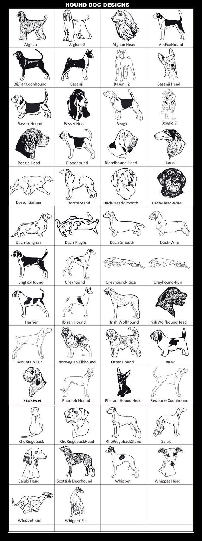 Hound Dog Breeds: Afghan, American Fox Hound, Black & Tan Coonhound, Basenji, Basset Hound, Beagle, Bloodhound, Borzoi, Dachshund, English Fox Hound, Greyhound, Harrier, Ibizan Hound, IrishWolfhound, Mountain Cur, Norwegian Elkhound, Otter Hound, Petit Basset Griffon Vendeen (PBGV), Pharaoh Hound, Redbone Coonhound, Rhodesian Ridgeback, Saluki, Scottish Deerhound, Whippet