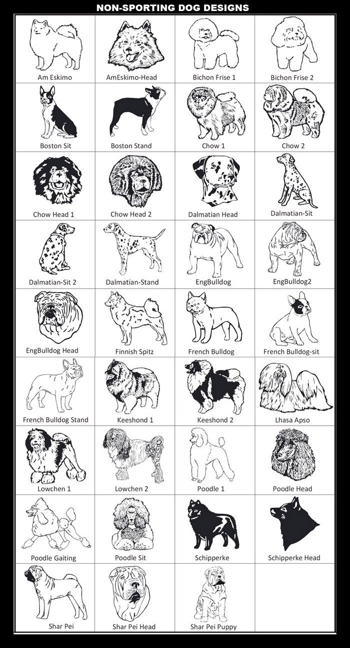 American Eskimo, Bichon Frise, Boston Bulldog, Chow, Dalmation, English Bulldog, Finnish Spitz, French Bulldog, Keeshound, Lhasa Apso, Lowchen, Poodle, Schipperke, Shar Pei
