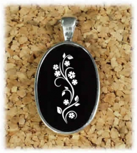 Black Onyx Necklace with Engraved Flower Design