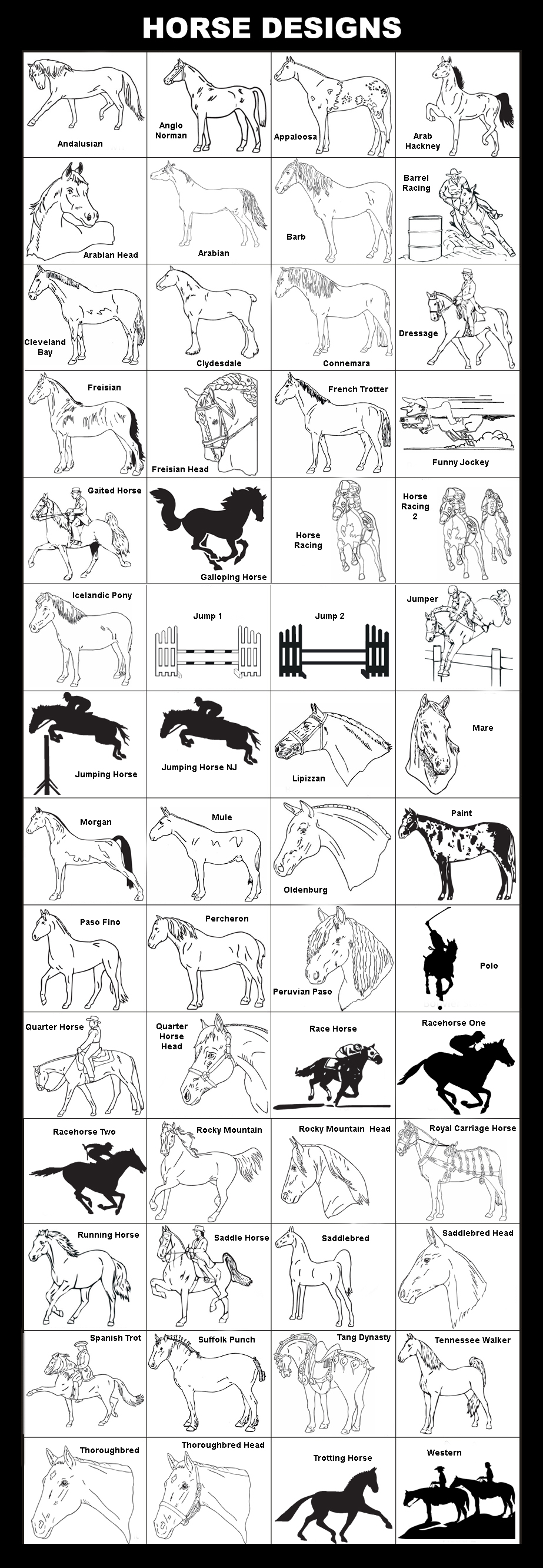 Andalusian, Anglo Norman, Appaloosa, Arab Hackney, Arabian Head, Arabian, Barb, Barrel Racing, Cleveland Bay, Clydesdale, Connemara, Dressage