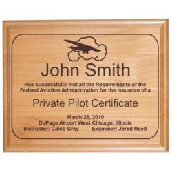 Pilot Certificate Alder Plaque