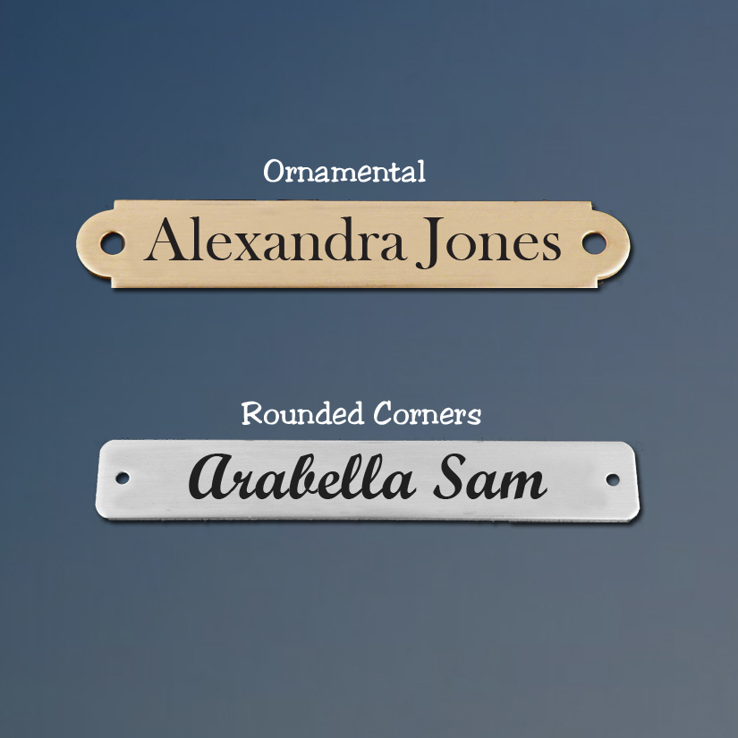 Engraved brass or silver horse halter nameplate. Comes with either an ornamental end or rounded end