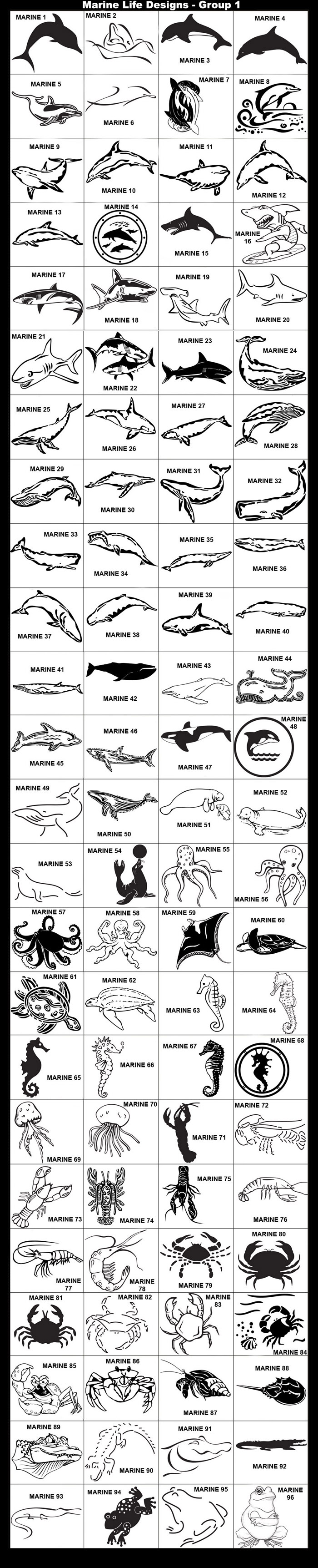 Dolphin, Porpoise, Shark, Surfing Shark, Hammer Head Shark, Humpbacked Whale, Manatee, Seal, Octopus, Seal & Ball, Sting Ray, Manta Ray, Turtle, Sea Turtle, Leatherback Sea Turtle, Leather-Backed Turtle, Lobster, Crayfish, Shrimp, Seahorse, Crab, Hermit Crab, Horse Crab, Alligator, Crocodile, Frog