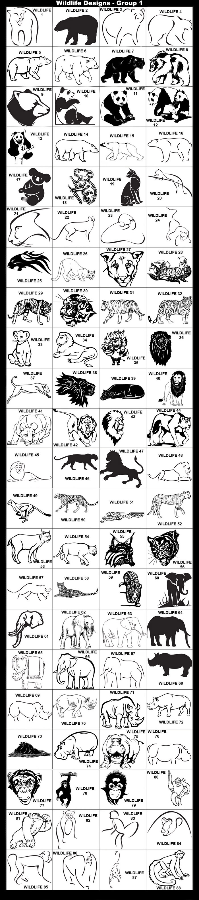 Wildlife, Bear, Black Bear, Leopard, Panda Bear, Polar Bear, Koala Bear, Cougar, Tiger, Tiger Head, Lion Cub, Lion, Lioness, Cheetah, Bobcat, Puma, Lynx, Panther, Elephants, Elephant, Rhino, Rhinoceros, Hippopotamus, Hippo, Chimpanzee, Monkey, Orangutan, Gorill