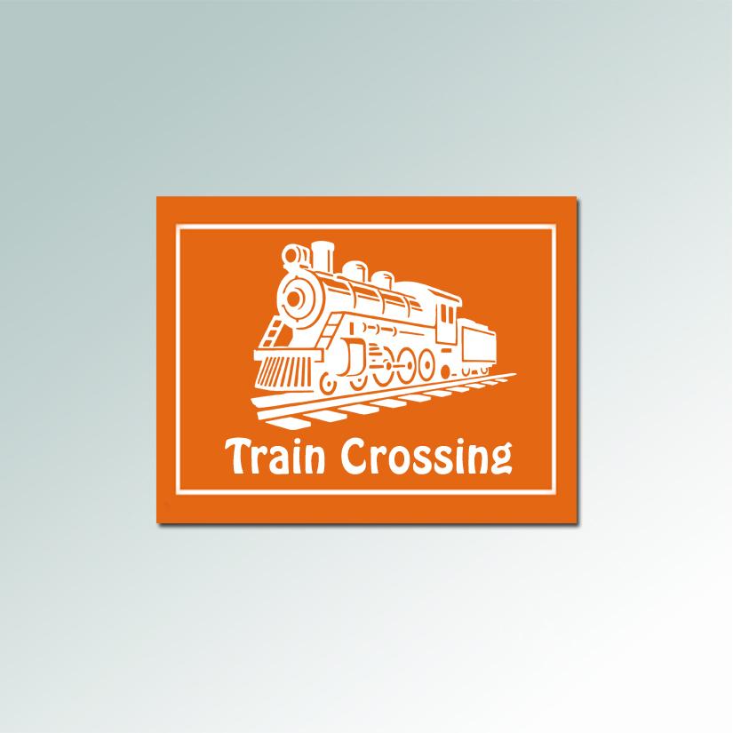Personalized plastic train sign with your choice of engraved text and train design. 85+ train designs to choose from.