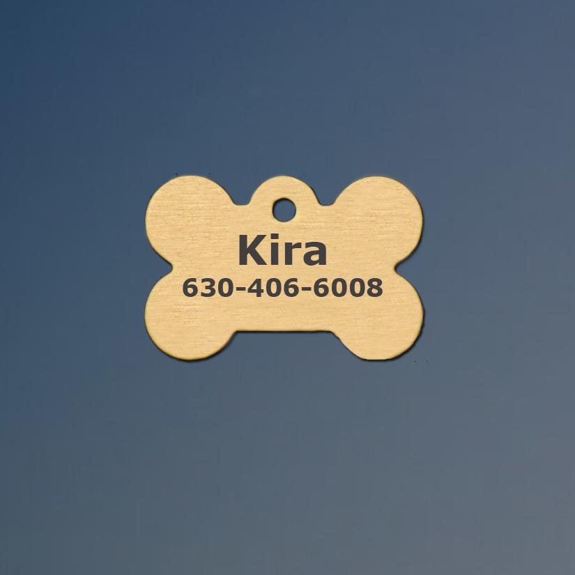 Personalized solid brass dog bone engraved ID tag.