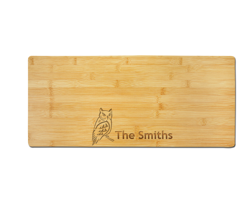 Custom engraved bamboo charcuterie board with your choice of bird design and personalized text. Bird Charcuterie Board