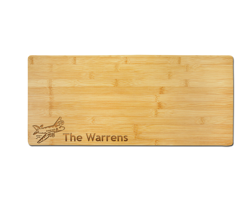 Custom engraved bamboo charcuterie board with your choice of airplane design and personalized text. Airplane Charcuterie Board