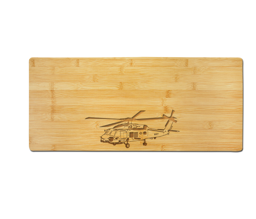 Personalized charcuterie board with your choice of helicopter design and engraved text. Helicopter Charcuterie Board