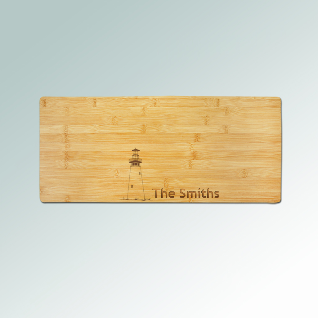 Custom engraved bamboo lighthouse charcuterie board with your choice of lighthouse design and personalized text. 85+ lighthouse designs to choose from.