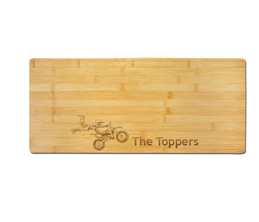 Custom engraved bamboo charcuterie board with your choice of motorcycle design and personalized text. Motorcycle Charcuterie Board