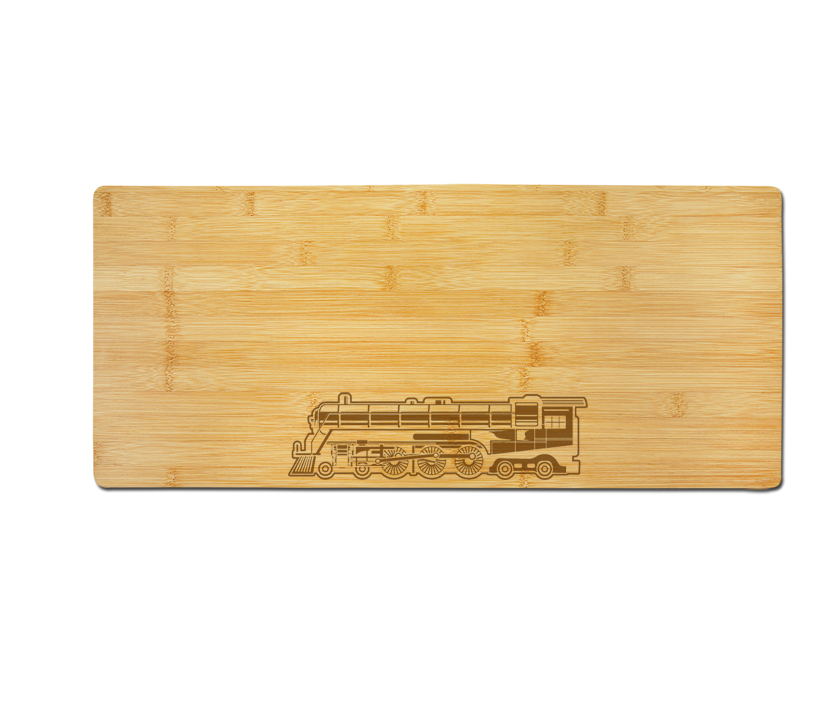 Custom engraved bamboo charcuterie board with your choice of train design and personalized text. Train Charcuterie Board