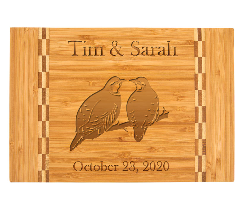 Custom engraved bamboo cutting board with engraved Bird design and personalized text. Bird Cutting Board