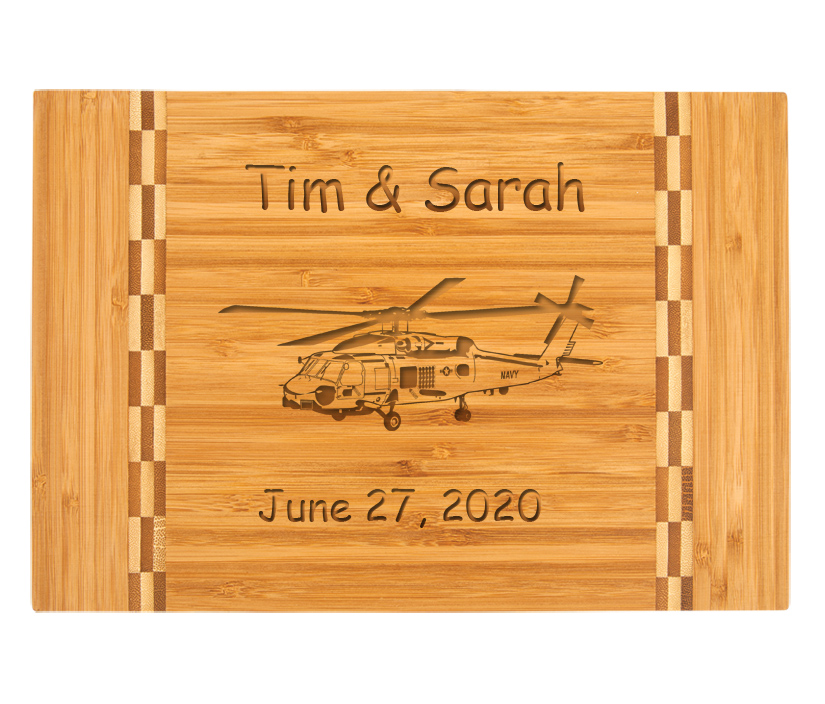 Custom engraved bamboo cutting board with engraved helicopter design and personalized engraved text. Helicopter Cutting Board