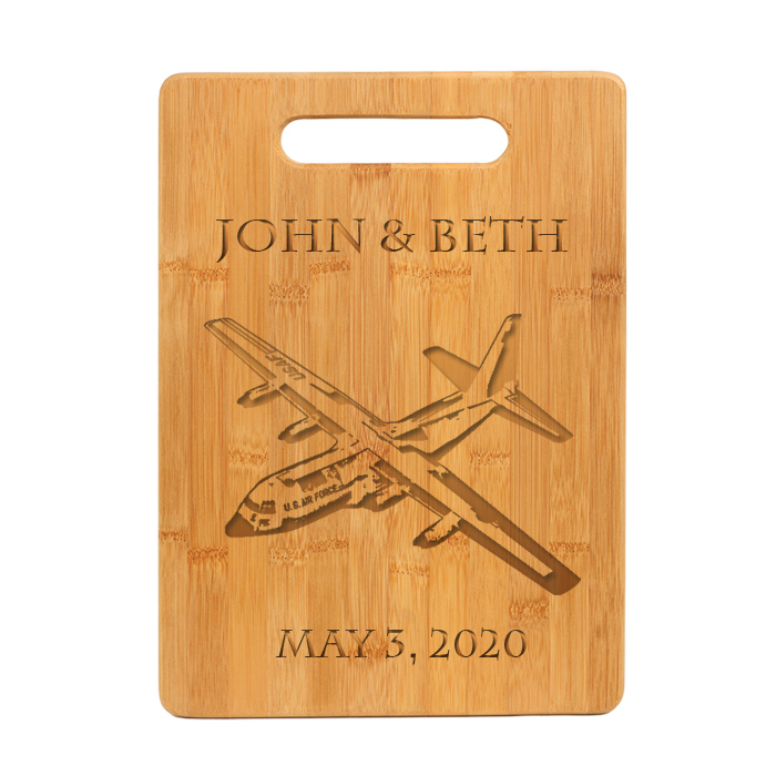 Custom engraved bamboo cutting board with engraved military aircraft design and personalized engraved text. Military Aircraft Cutting Board