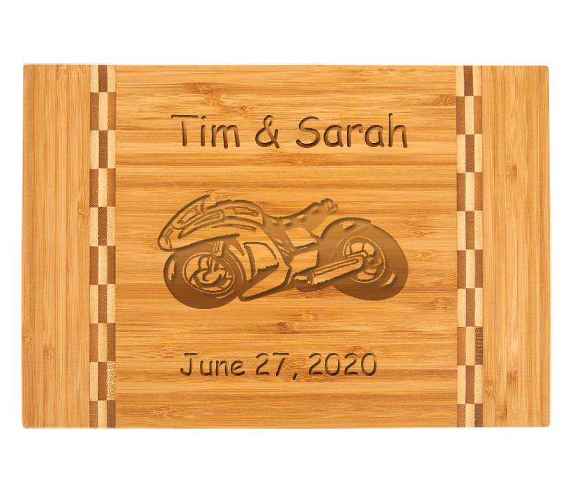 Custom engraved bamboo cutting board with engraved motorcycle design personalized text. Motorcycle Cutting Board