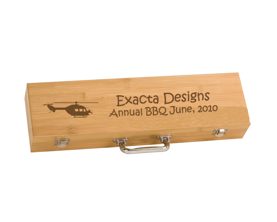 Custom engraved BBQ tools gift set with personalized text and the helicopter design of your choice. Helicopter BBQ Set