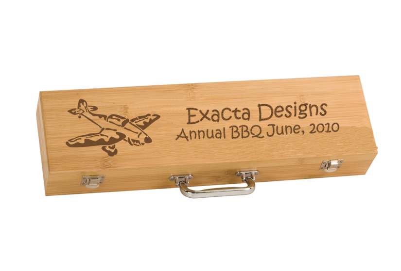 Custom engraved BBQ tools gift set with personalized text and the military aircraft design of your choice. Pilot BBQ Gift Set