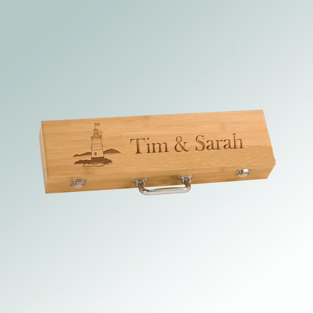 Personalized lighthouse BBQ tools gift set with engraved text and the lighthouse design of your choice.