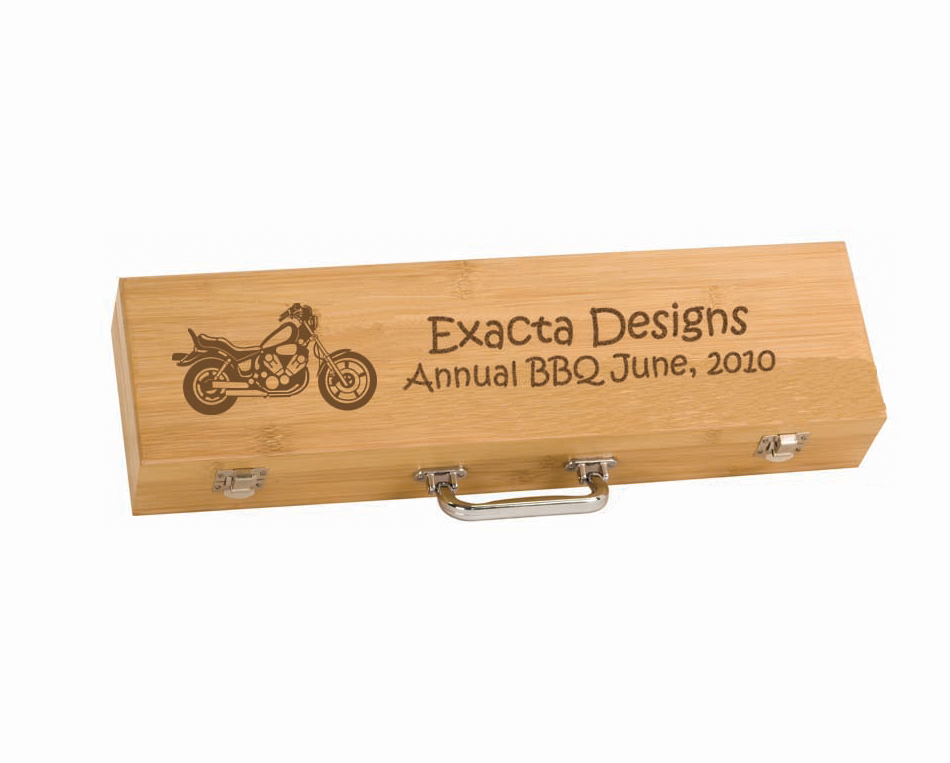 Custom engraved BBQ tools gift set with personalized text and the motorcycle design of your choice. Motorcycle BBQ Set