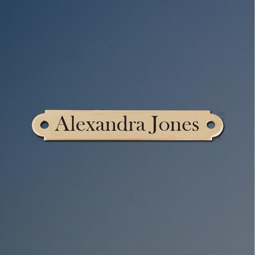 Brass engraved nameplate with 2 holes for wood screws.