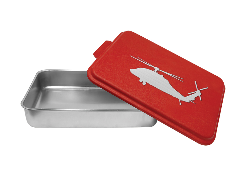 Personalized aluminum cake pan with engraved helicopter design and custom text. Helicopter Cake Pan