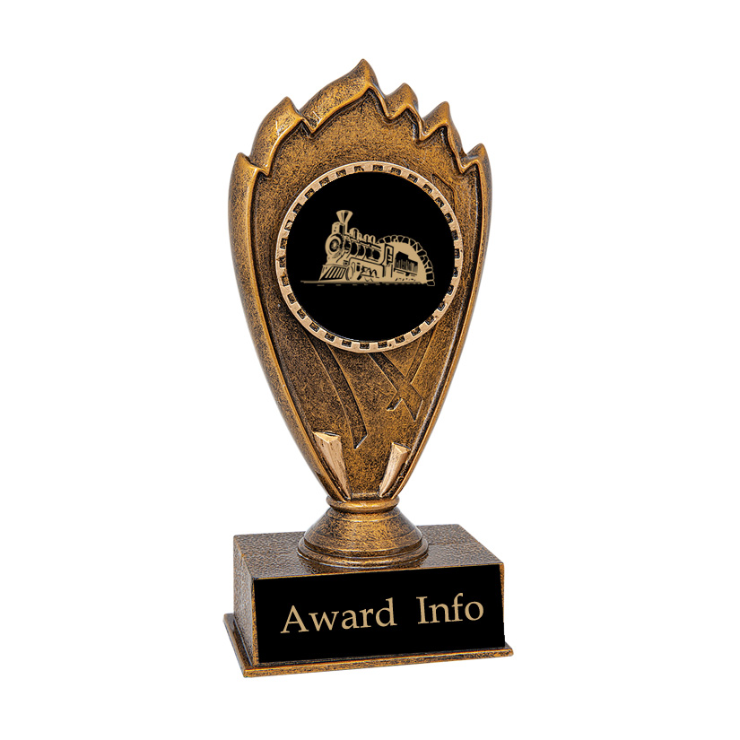 Custom engraved blaze award trophy with your choice of personalized text and train design. Train Award
