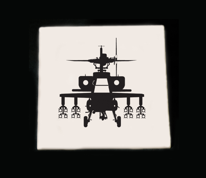 Personalized ceramic trivet with an engraved helicopter design and custom text. Helicopter Trivet