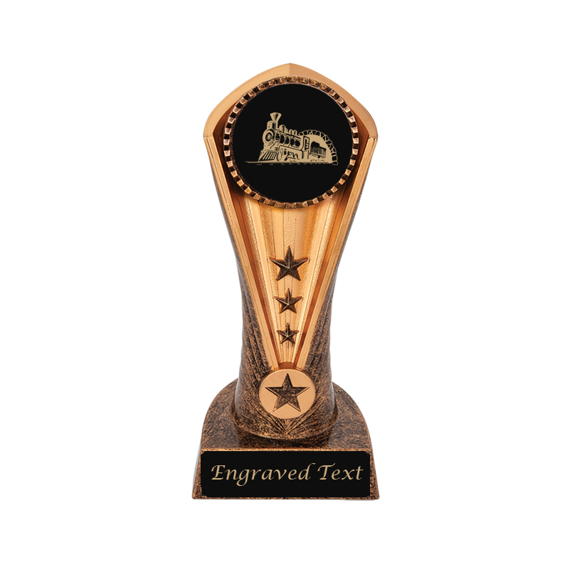 Personalized cobra trophy with your choice of train design and custom engraved text. Train Trophy