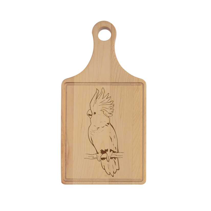 Custom engraved drip ring maple cutting board with a bird design and personalized text. Bird Cutting Board
