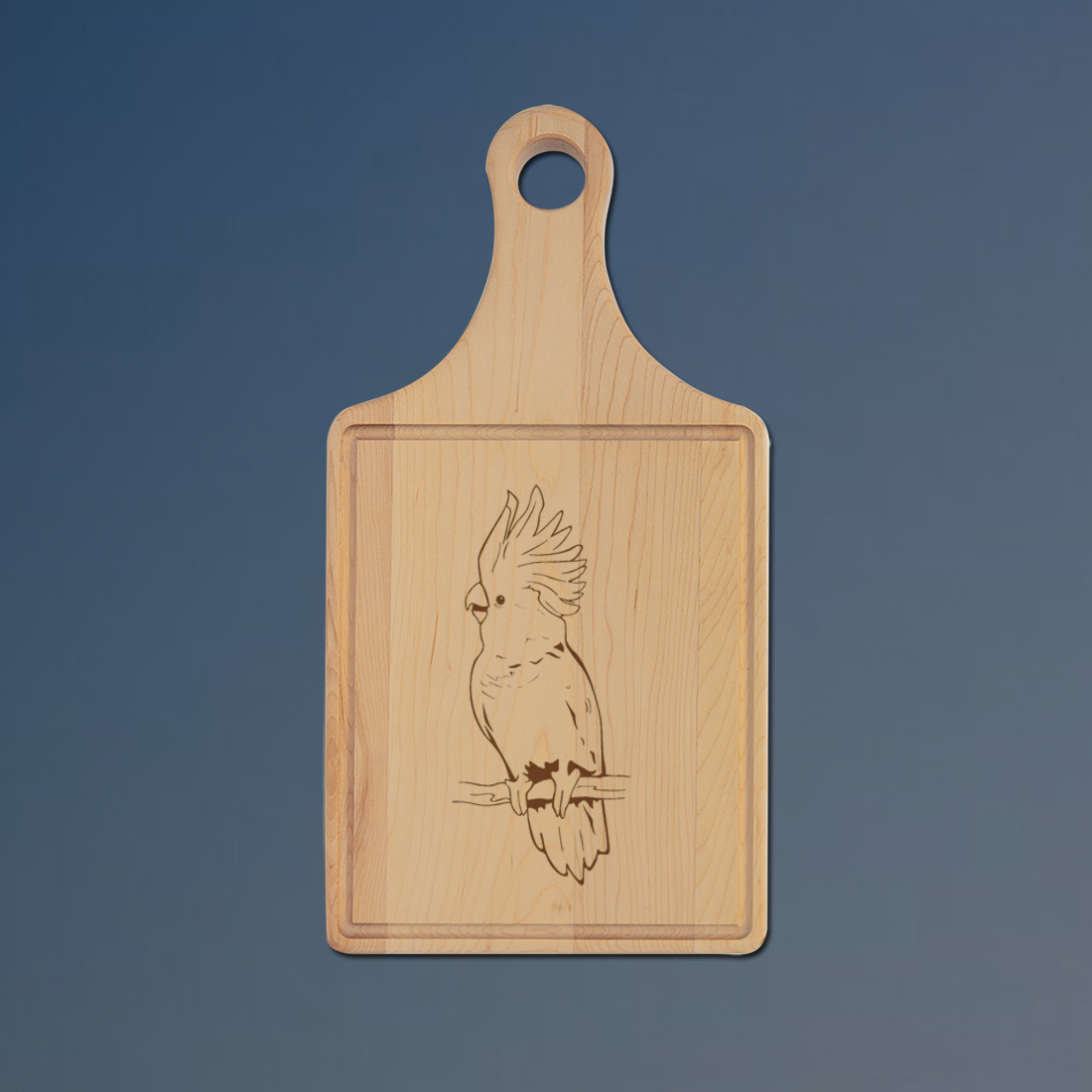 Custom engraved maple drip ring bird cutting board with a bird design and personalized text. 100+ bird design to choose from.