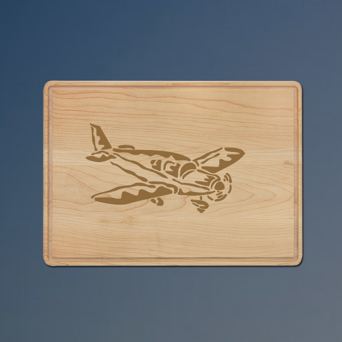 Custom engraved maple drip ring airplane  cutting board with a airplane design and personalized text. 85+ airplane designs to choose from.