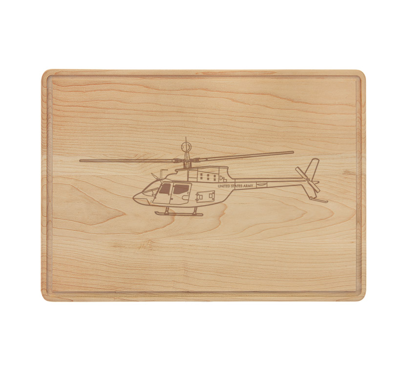 Personalized drip ring maple cutting board with a helicopter design and custom engraved text. Helicopter Cutting Board