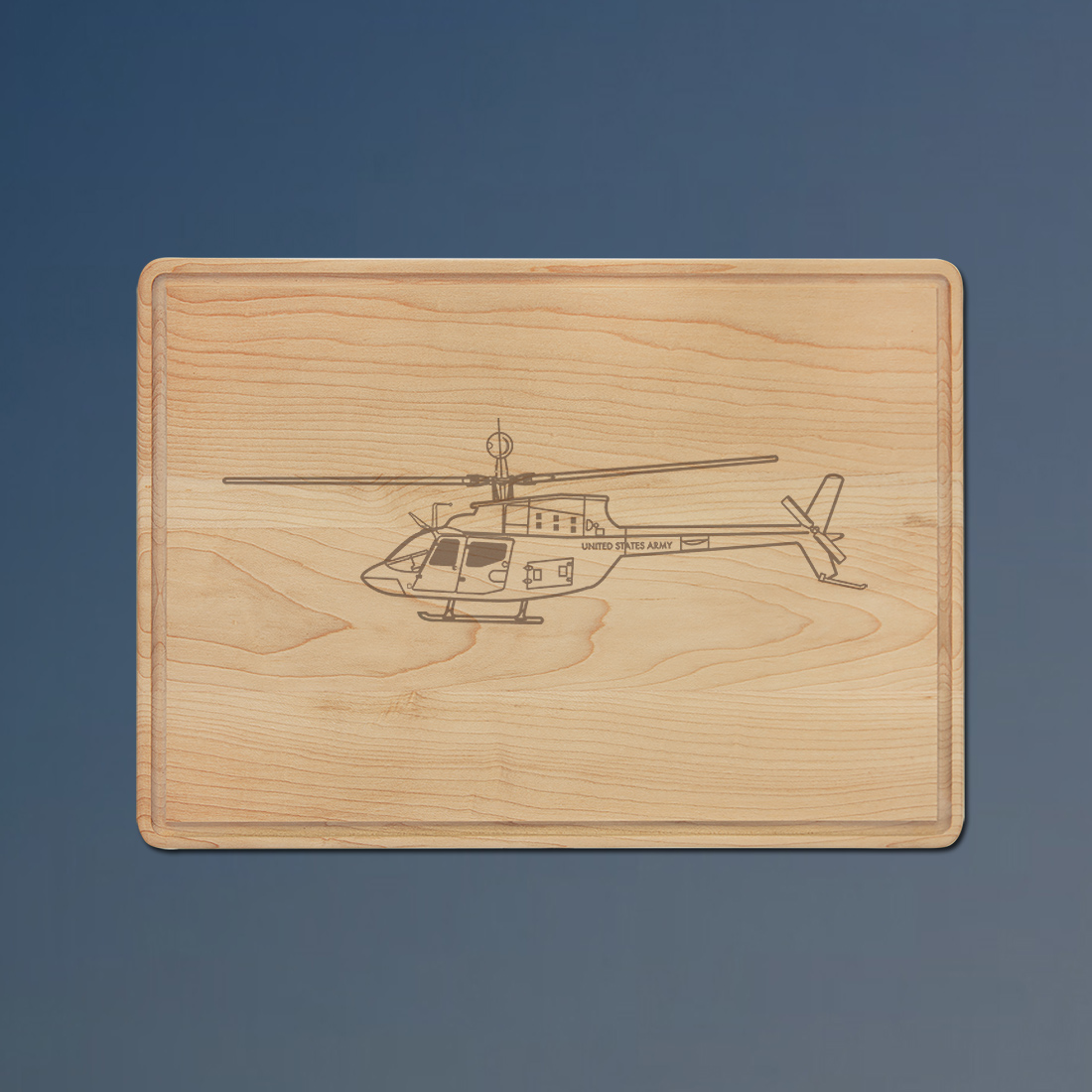 Personalized maple drip ring helicopter cutting board with a helicopter design and custom engraved text. 50+ helicopter designs to choose from.