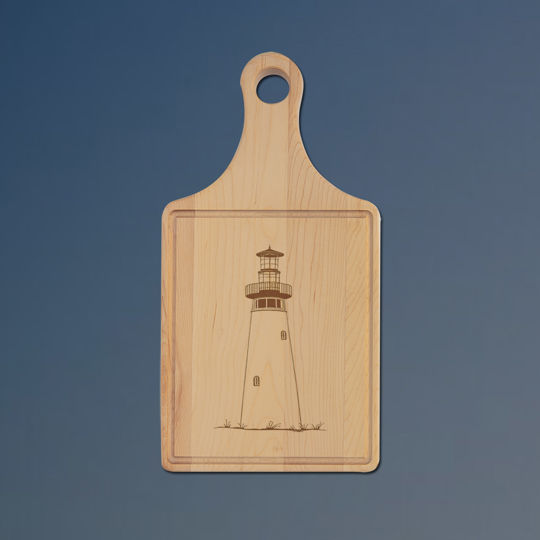Custom engraved maple drip ring lighthouse cutting board with a lighthouse design and personalized text. 85+ lighthouse designs to choose from.
