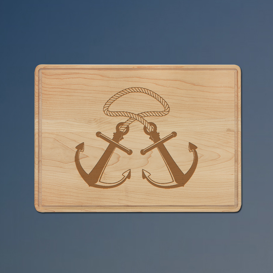 Custom engraved maple drip ring nautical cutting board with a nautical design and personalized text. 100+ nautical designs to choose from.