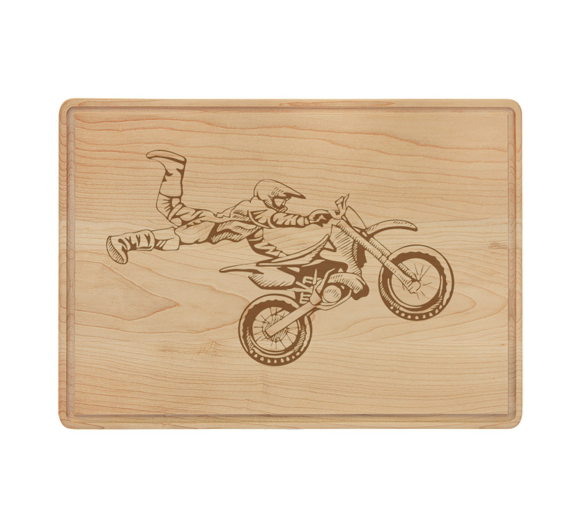 Custom engraved drip ring maple cutting board with a motorcycle design and personalized text. Motorcycle Cutting Board