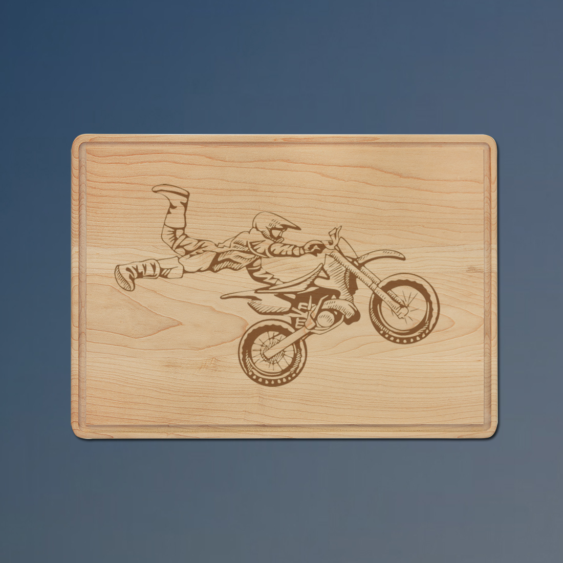 Custom engraved maple drip ring motorcycle cutting board with a motorcycle design and personalized text. 40+ motorcycle designs to choose from.