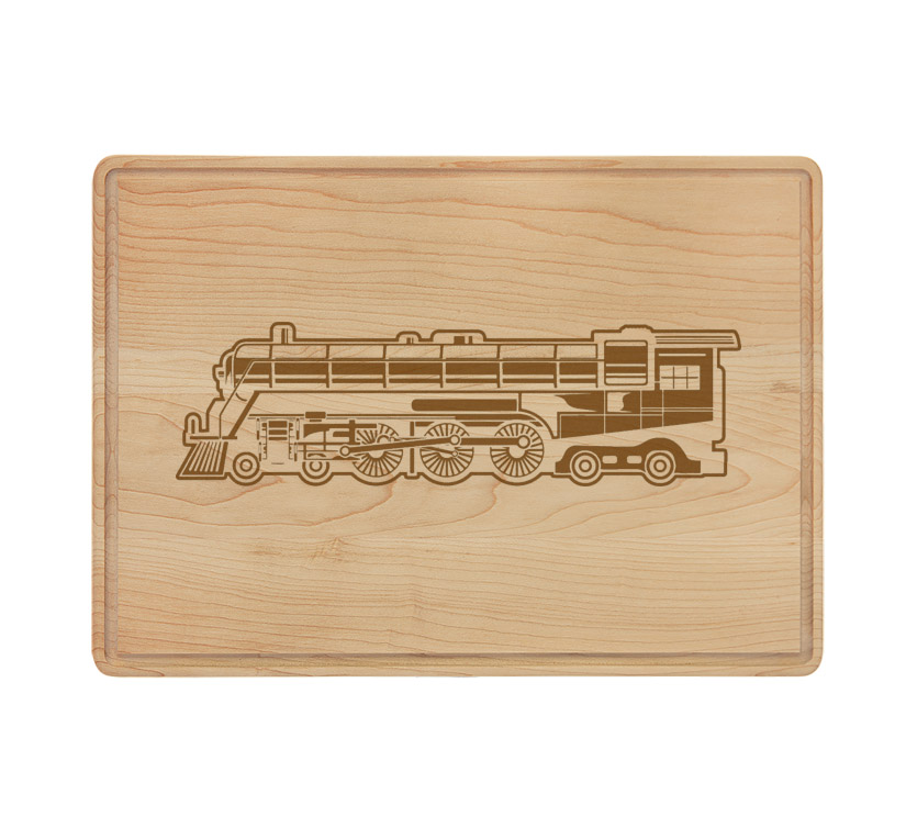 Custom engraved drip ring maple cutting board with a train design and personalized text. Train Cutting Board