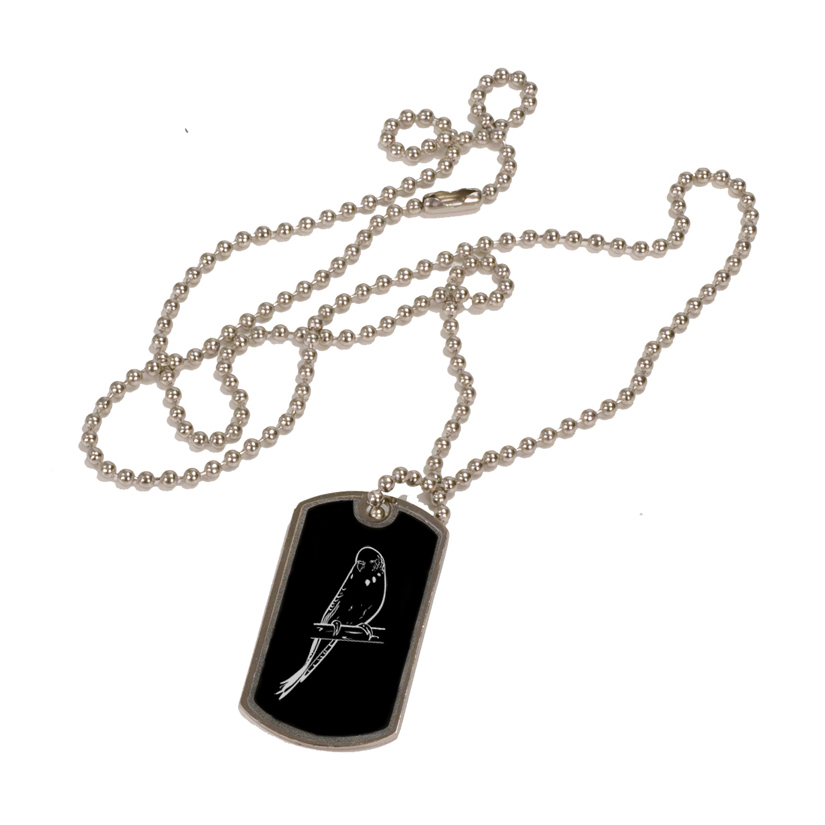 Personalized dog tag necklace an engraved bird design and text. 100+ bird design to choose from.