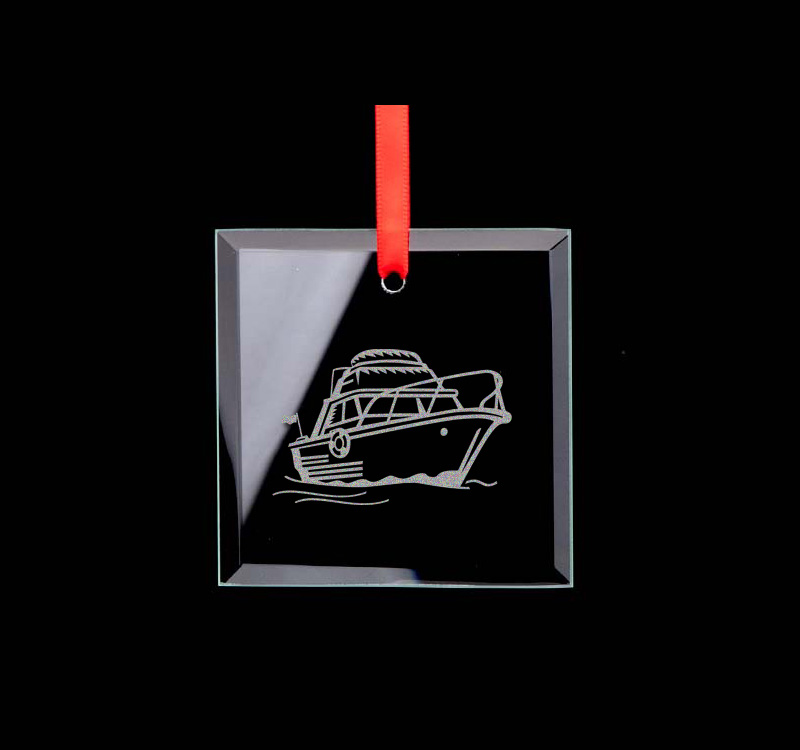 Custom engraved square glass ornament with your choice of boat design and personalized text. Boat Ornament